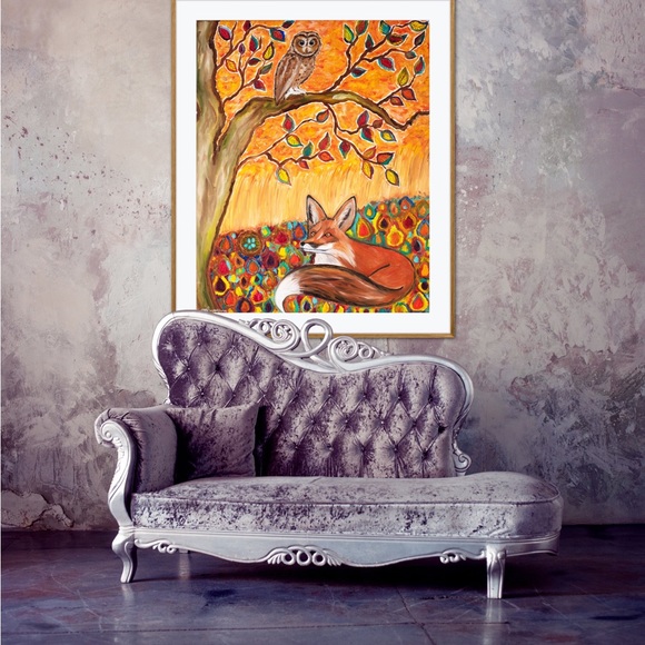 Fox Owl Autumn Ambience Art Print Oil Painting fall leaves tree animal whimsical - Picture 6 of 10